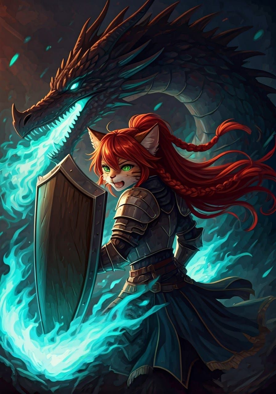 Fantasy Cat Knight in Turbulent Flames