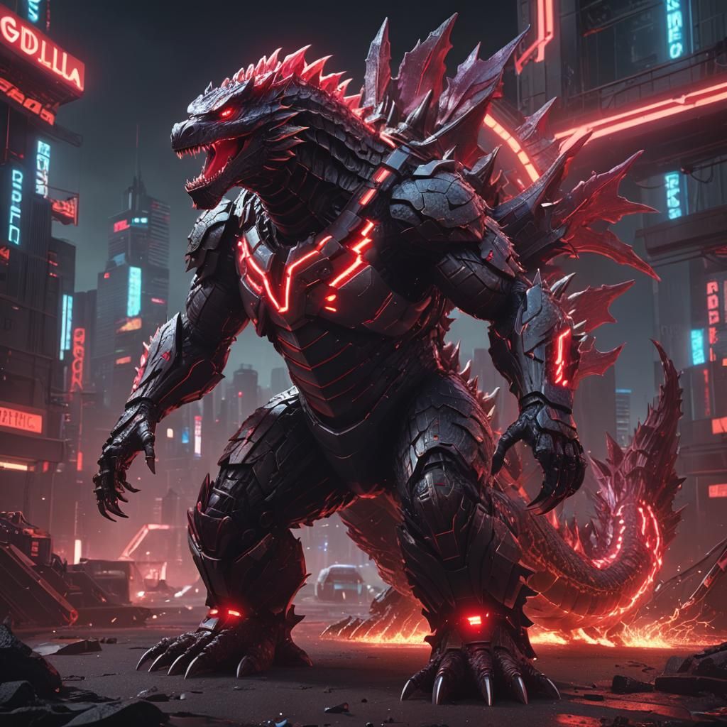 Godzilla with Neon Scales in Synthwave Style