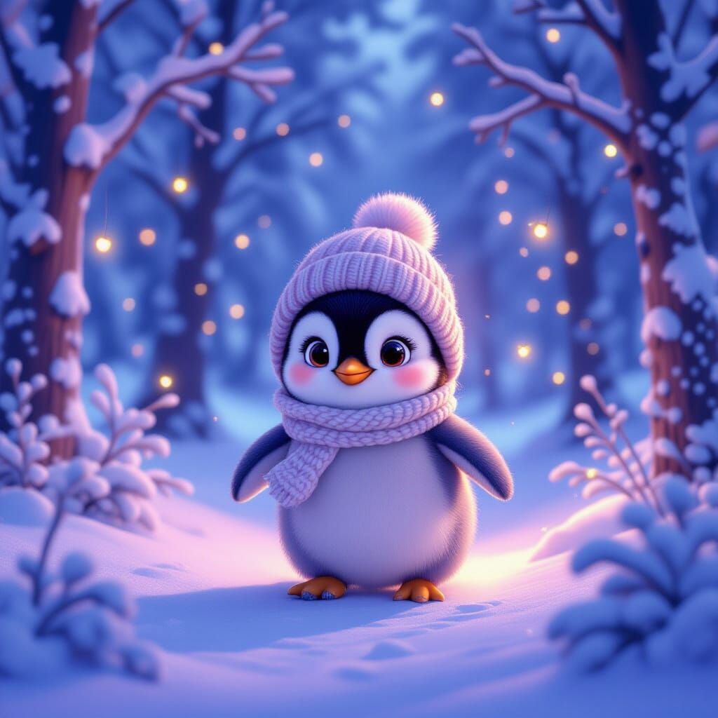 Enchanted Penguin in Winter Wonderland as 3D Cartoon