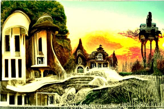 Dystopian Autumn Mansion Landscape in Art Nouveau Style