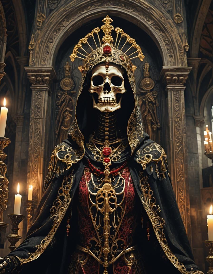 Gothic Santa Muerte Skeleton Portrait in Cathedral