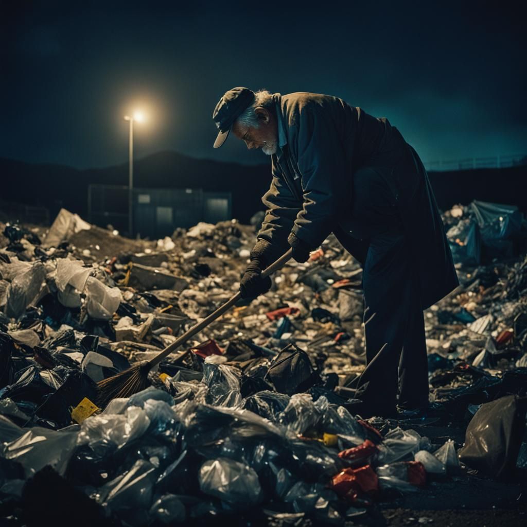 Hyperrealistic Old Man Sweeping Trash at Night