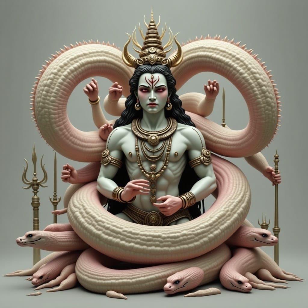 Serpent Encircles Iconic Siva Statue in Dark Fantasy Style