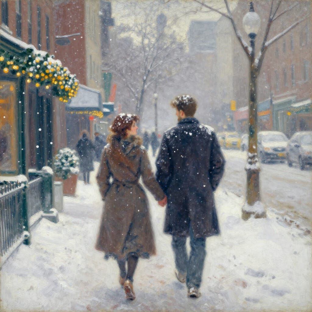 Romantic NYC Snow Scene in Impressionist Oil Painting Style