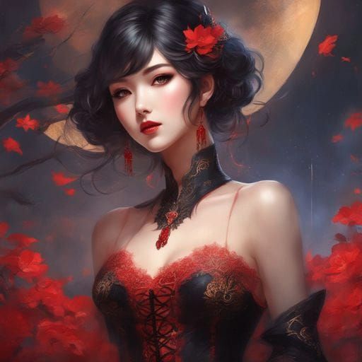 Japanese Girl Portrait in Red and Black Lingerie