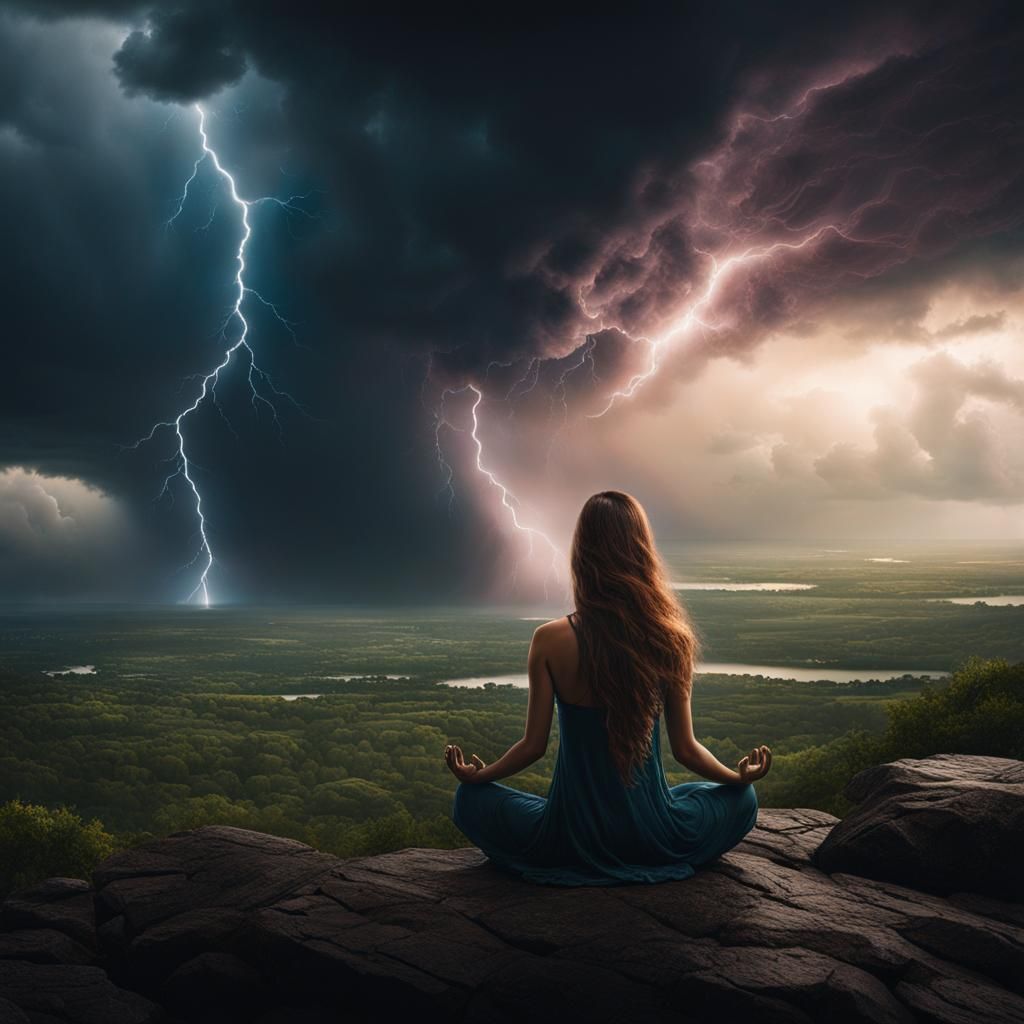 Meditating Storm Goddess Emitting Powerful Aura
