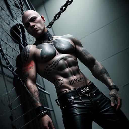 Hyperrealistic Tattooed Man Chained in Prison Cell