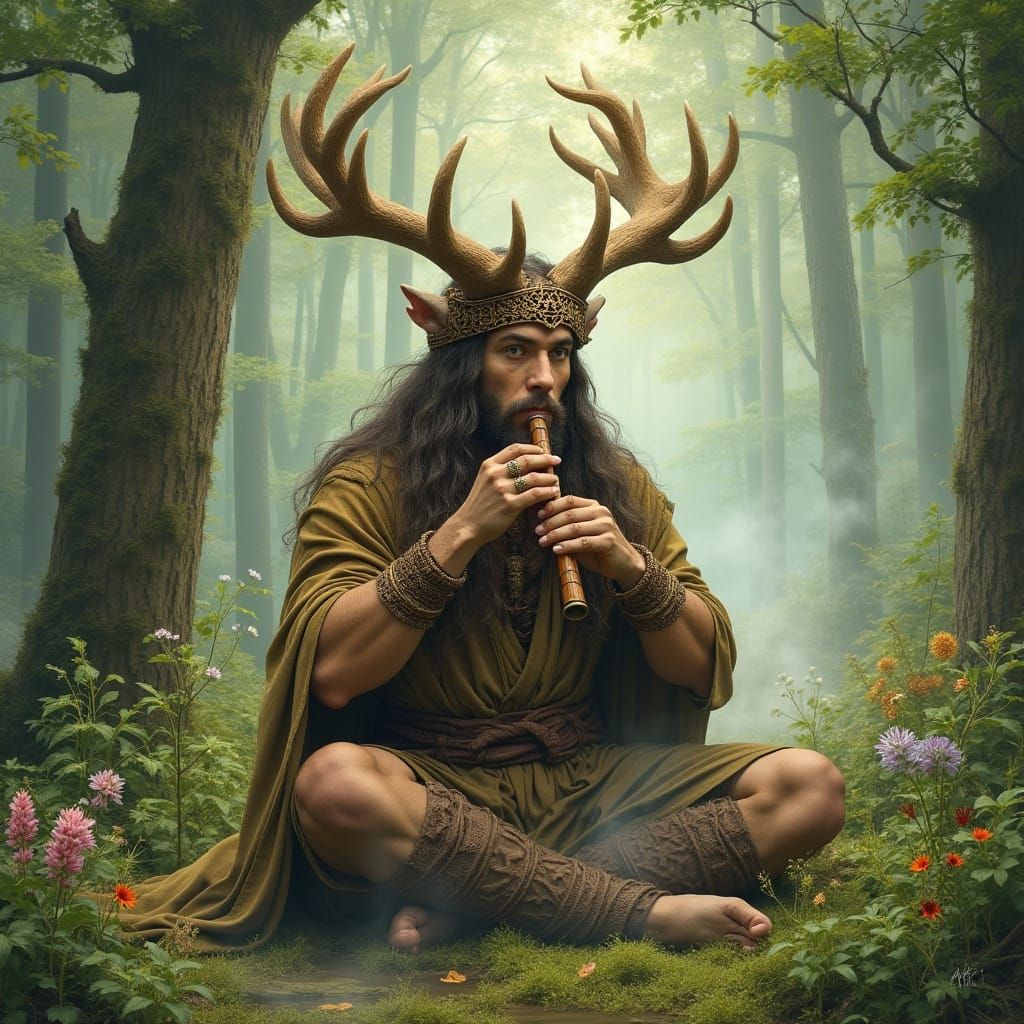 Mythical God Plays Flute in Enchanted Forest