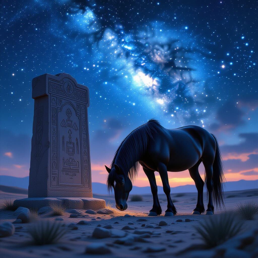 Majestic Horse by Mesopotamian Altar Under Nebula Glow