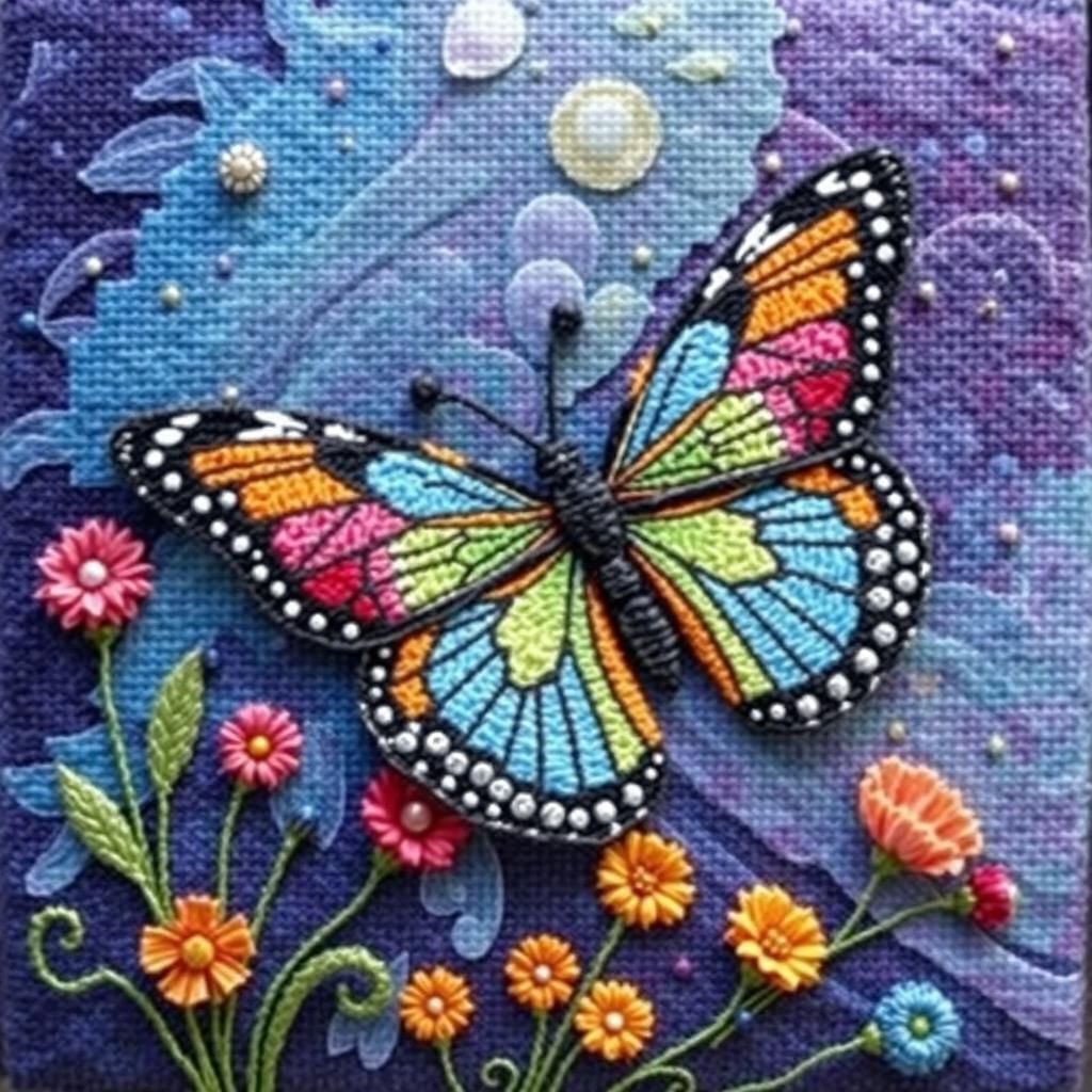 Vibrant Textile Butterfly Amidst Needlepoint Tapestry