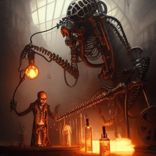 Steampunk Skeleton Mad Scientist in Laboratory