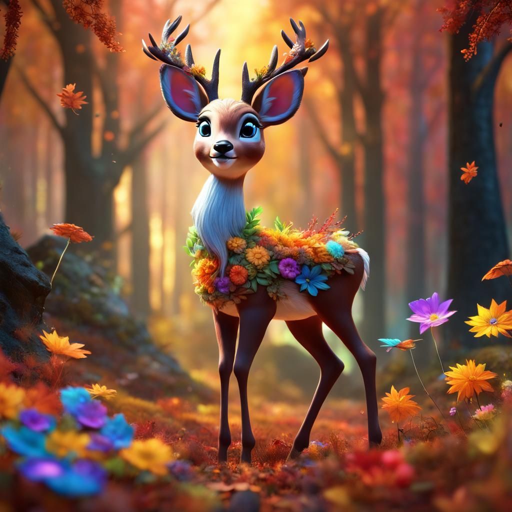 Bambi in Autumn Forest with Rainbow Flowers