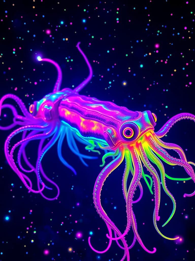 Iridescent Deep-Sea Creatures in Hyperrealistic Style