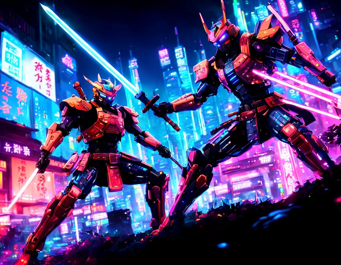 Cyberpunk Robot Samurai in Neon-Lit Cityscape