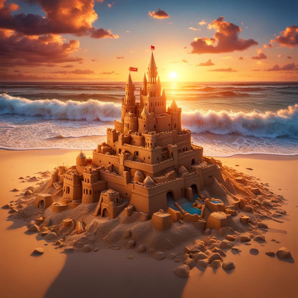 Beach Sunset Dissolving Sandcastle Puzzle: 8K Concept Art