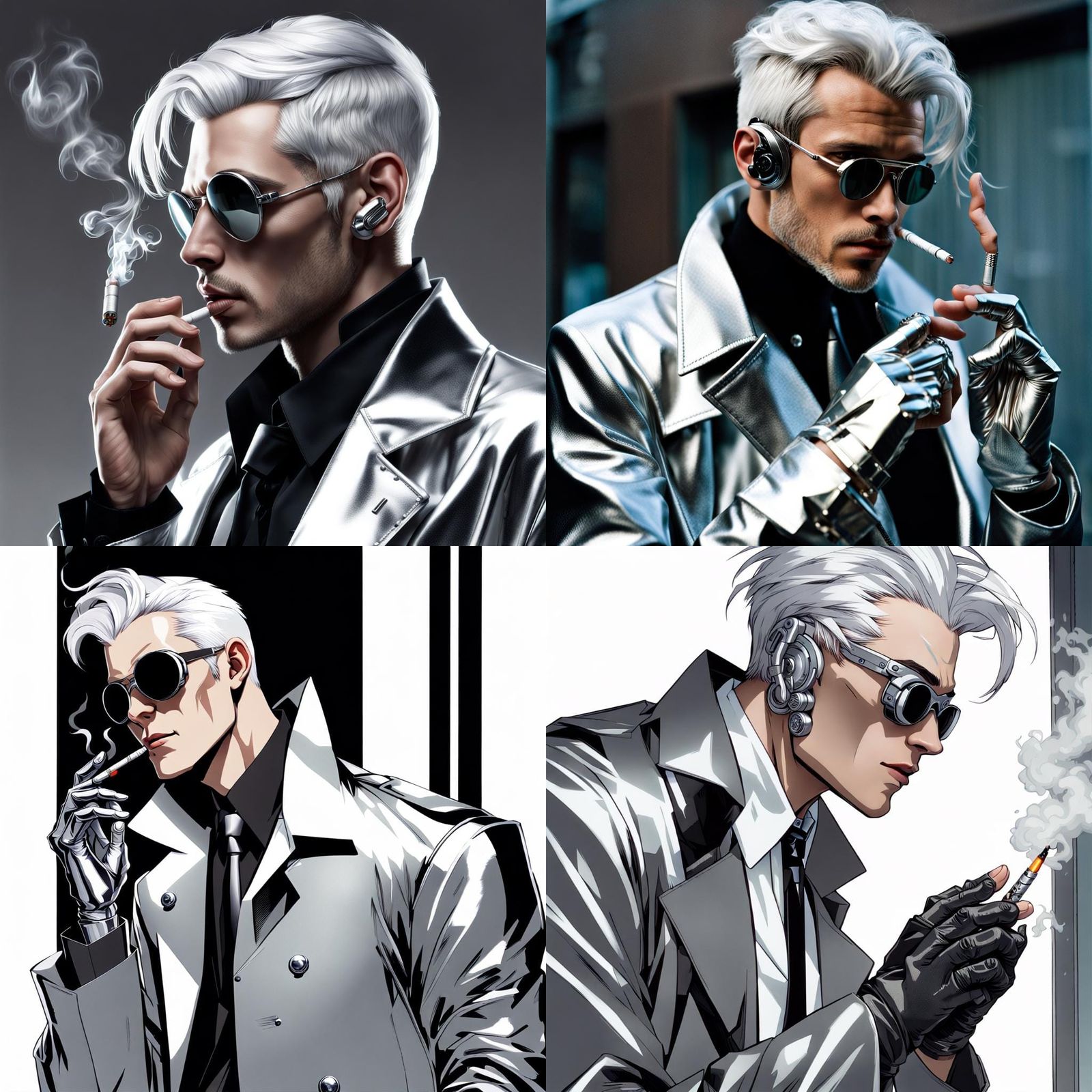 Cyberpunk Fixer Smoking with Silver Trenchcoat