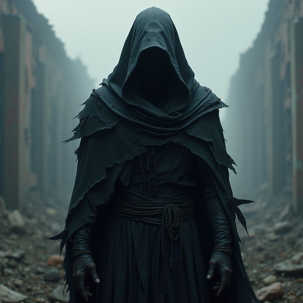 Ominous Figure in Ruined Landscape: 3D Anime Art