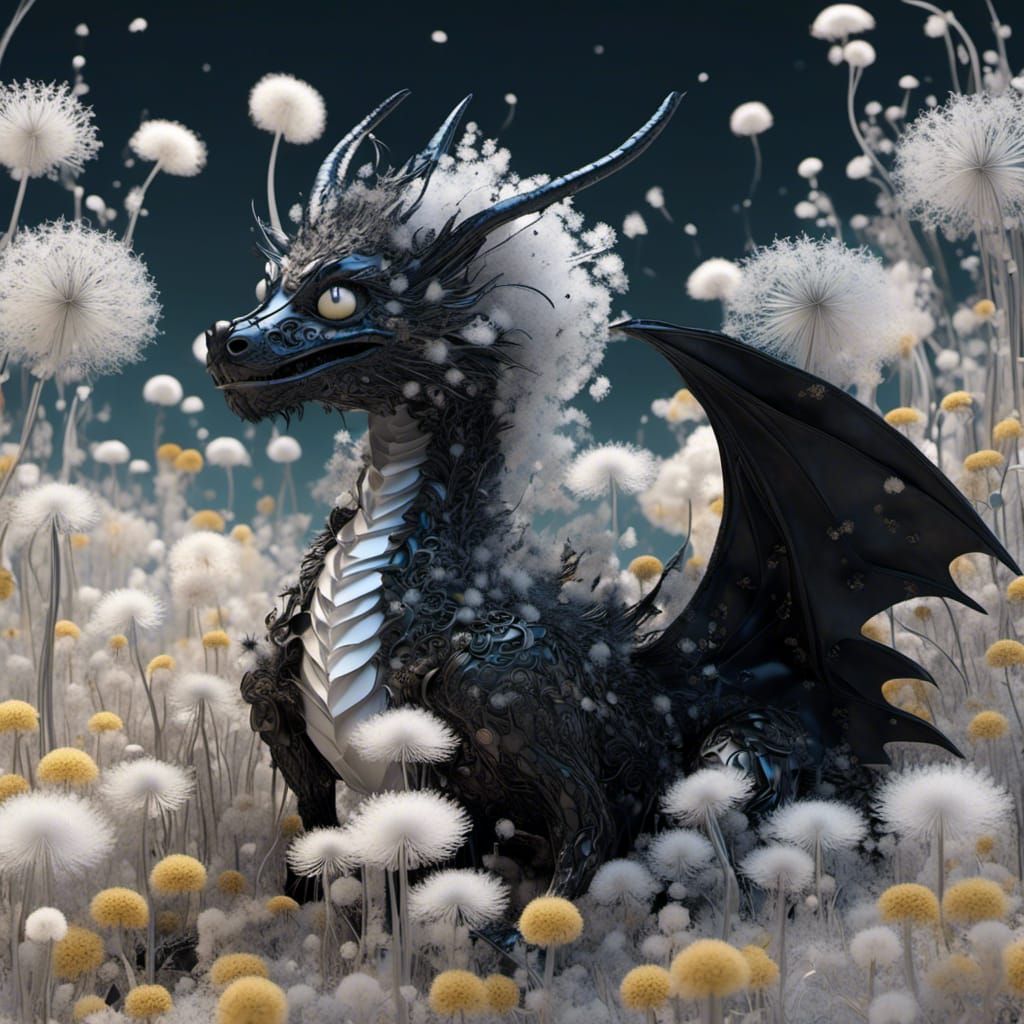 Black Dragon and Dandelions in Art Nouveau Style