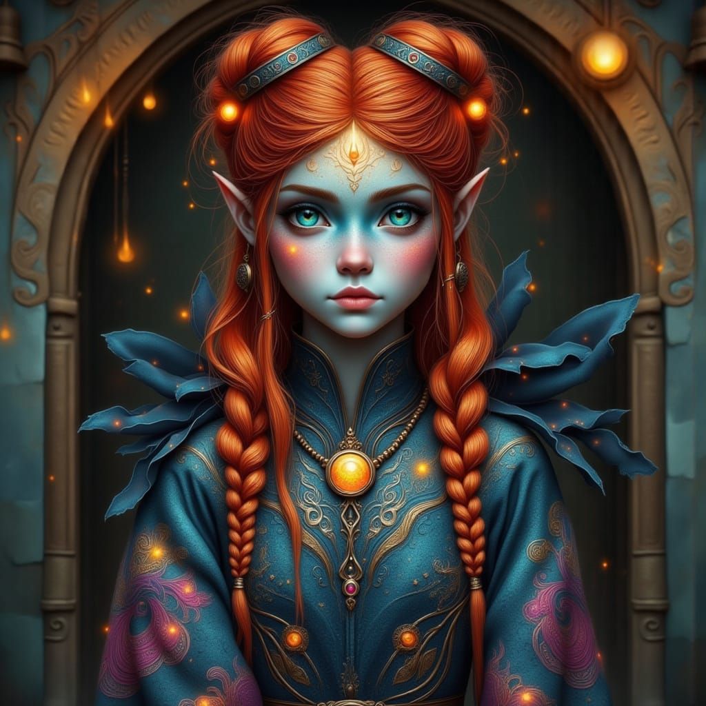 Regal Child Hybrid with Glowing Runes in Ethereal Hall