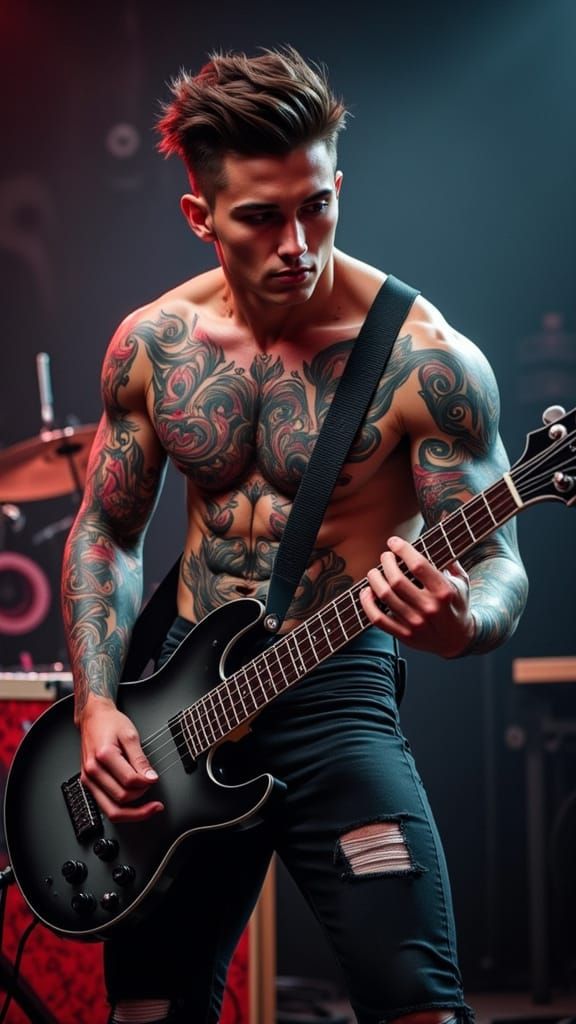 Tattooed Musician in Grungy, Double Exposure Style