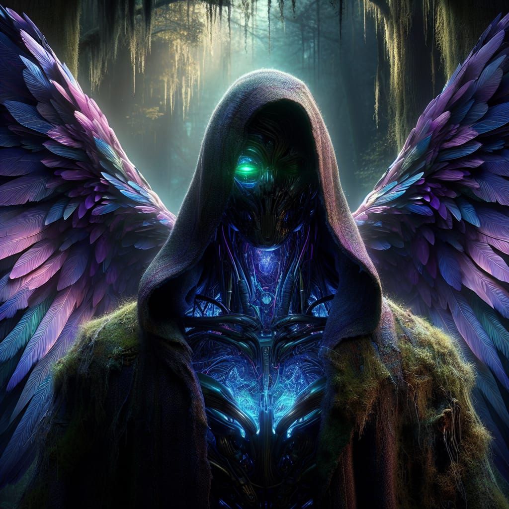 Cybernetic Druid with Iridescent Wings in Forest