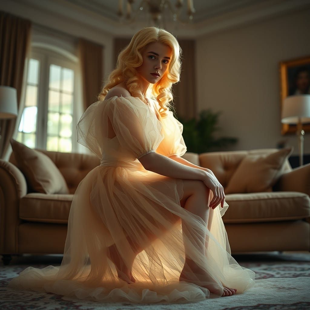 Elegant Youth Sits in Refinement on Plush Sofa