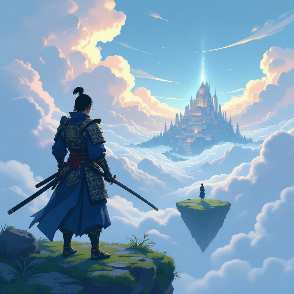 Samurai Warrior Gazes at Ethereal Cloud City