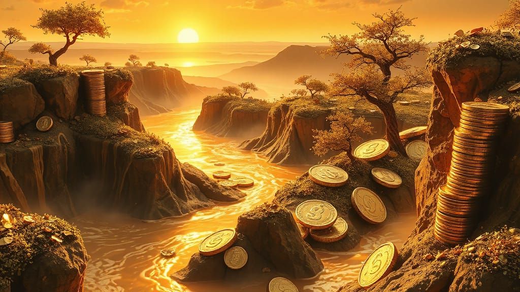 Surreal Landscape of Molten Gold Rivers and Coin Canyons