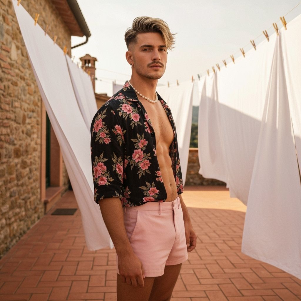 Tuscan Terrace Portrait: Man in Floral Shirt & Pearl Necklac...