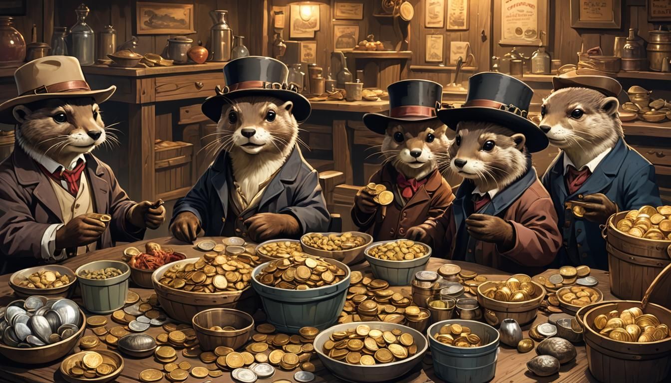 River Otters Play Poker in Old West Saloon