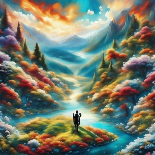 Cosmic Lovers Embrace in a Fantasy Landscape