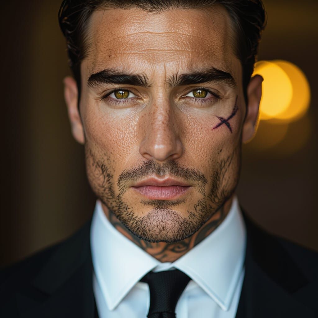 Charismatic Brunette Man with Tattoos and Scars