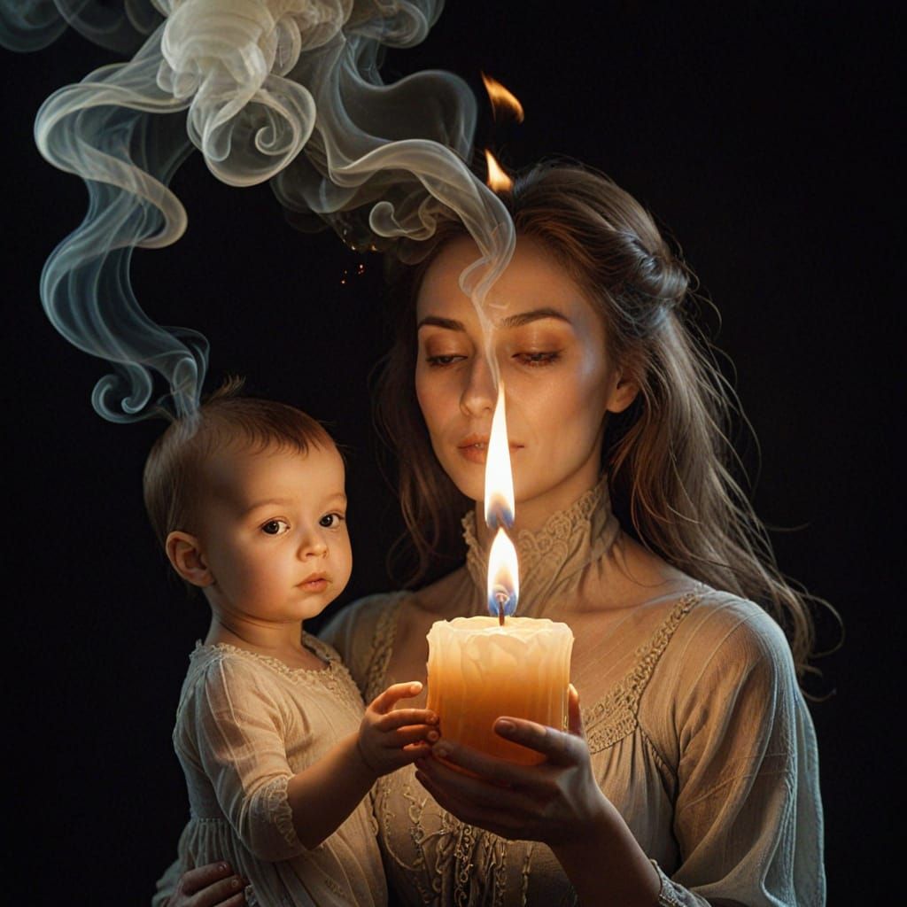 Ethereal Candle Flame Transforms into Mother Holding Baby