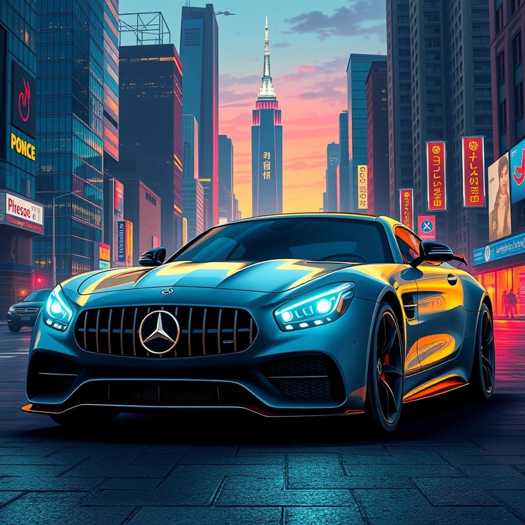 Neon Cityscape Mercedes Benz