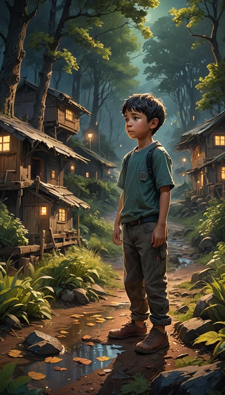 Hungry Boy in Forest at Night: Hyperrealistic Splash Art