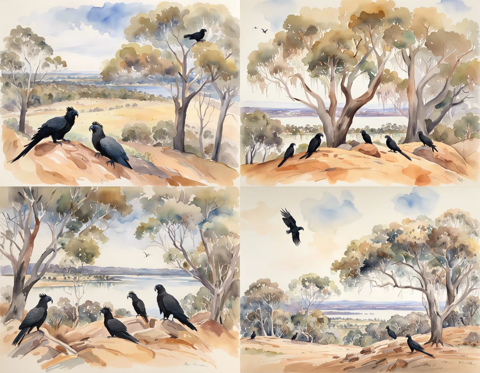 Wireless Hill Watercolour with Native Australian Wildlife