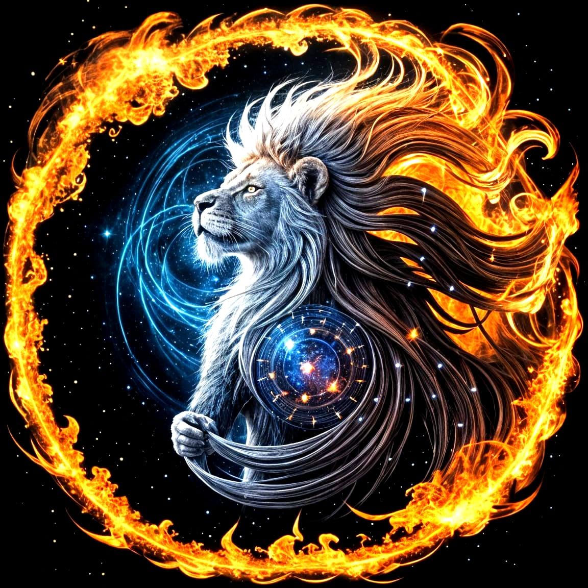 Cosmic Lion Head Over Moonlit Galaxy with Dancing Native Ame...