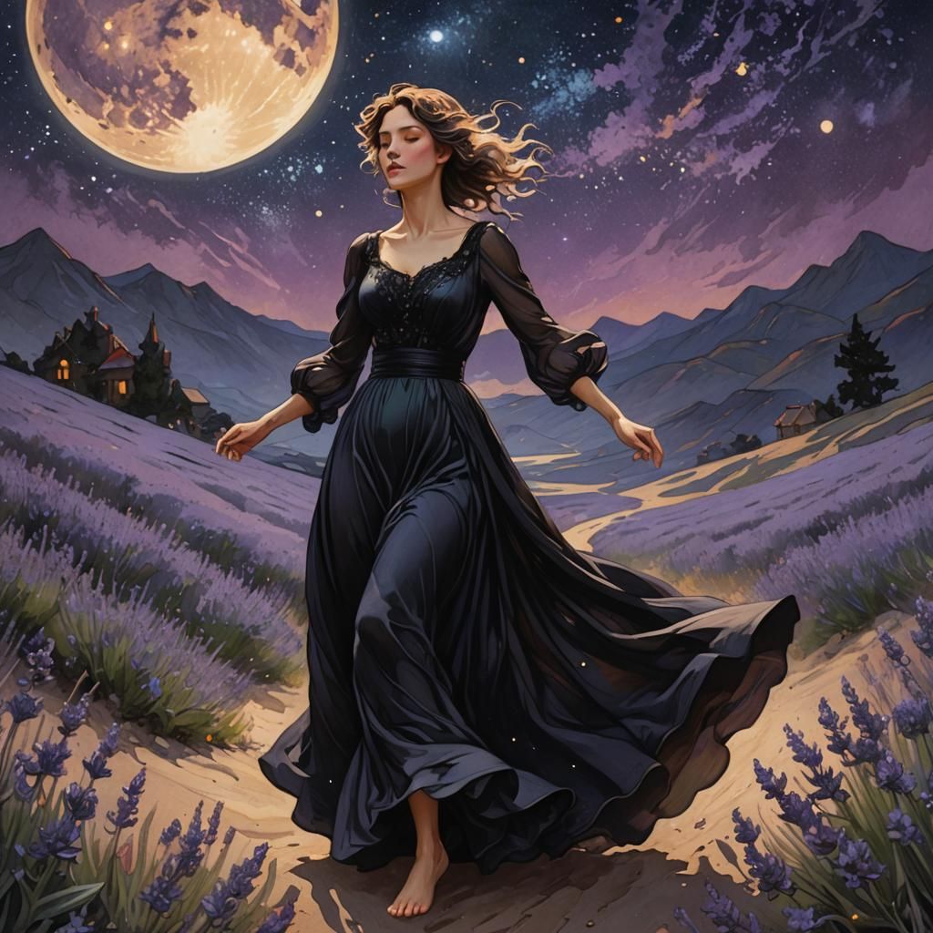 Woman in Lavender Field Under Starry Night Sky