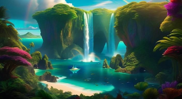 Lush Island Oasis with Mermaid and Rainbow