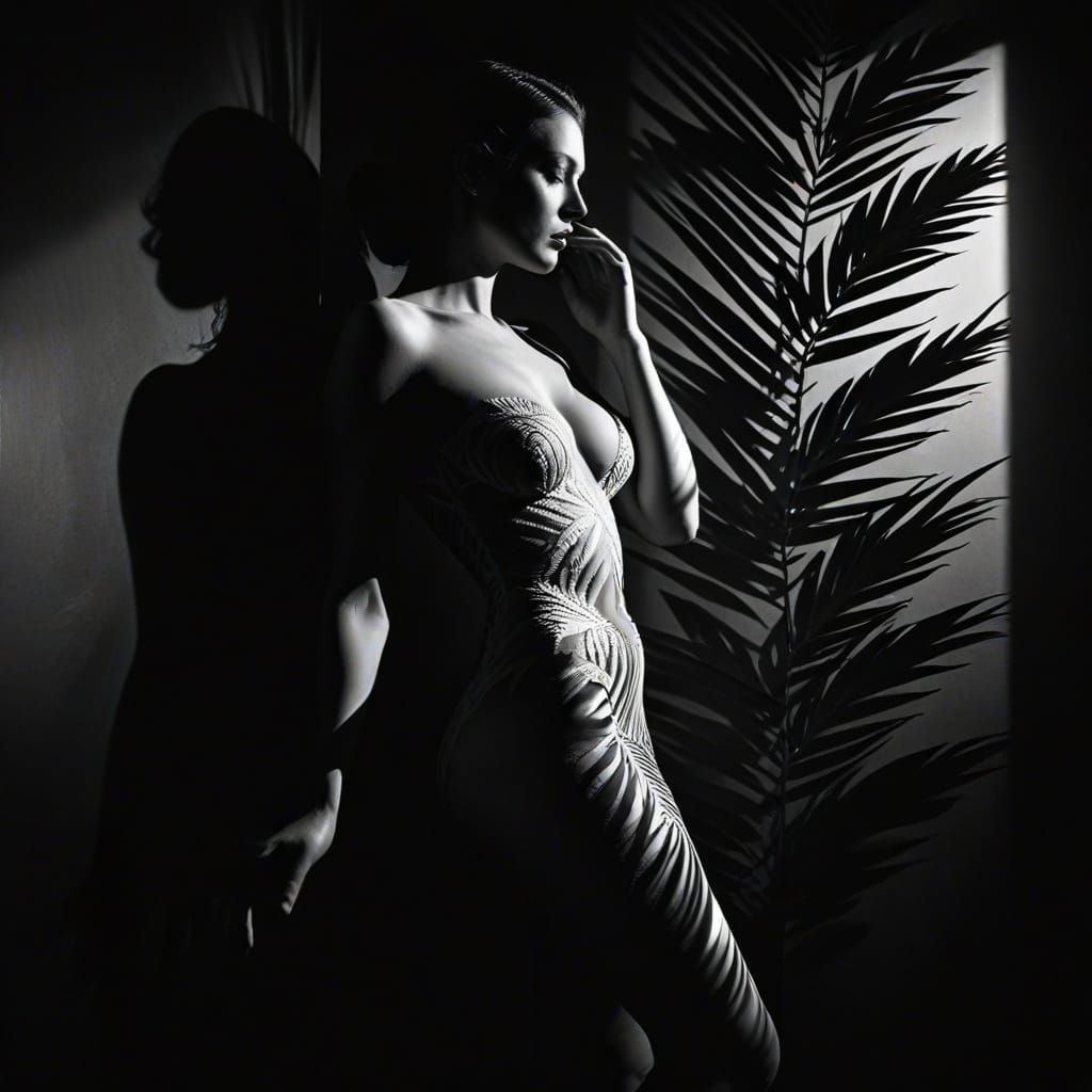 Surreal Woman With Palm Leaf Skin in Golden Hour