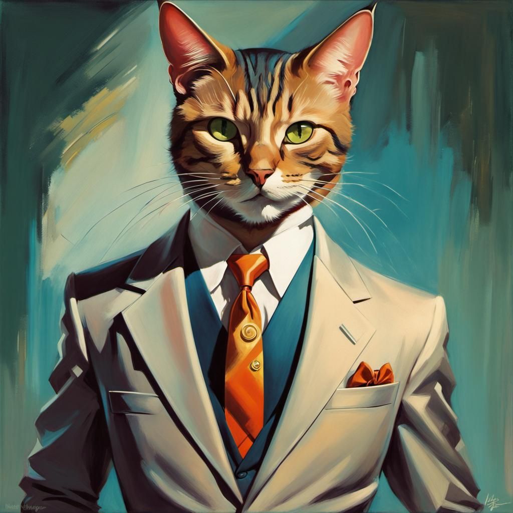 Cyborg Cat in Suit: Vintage Pin-Up Style