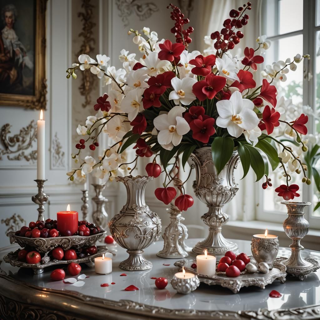 Rococo Limoges Vase Still Life with Hearts and Flowers