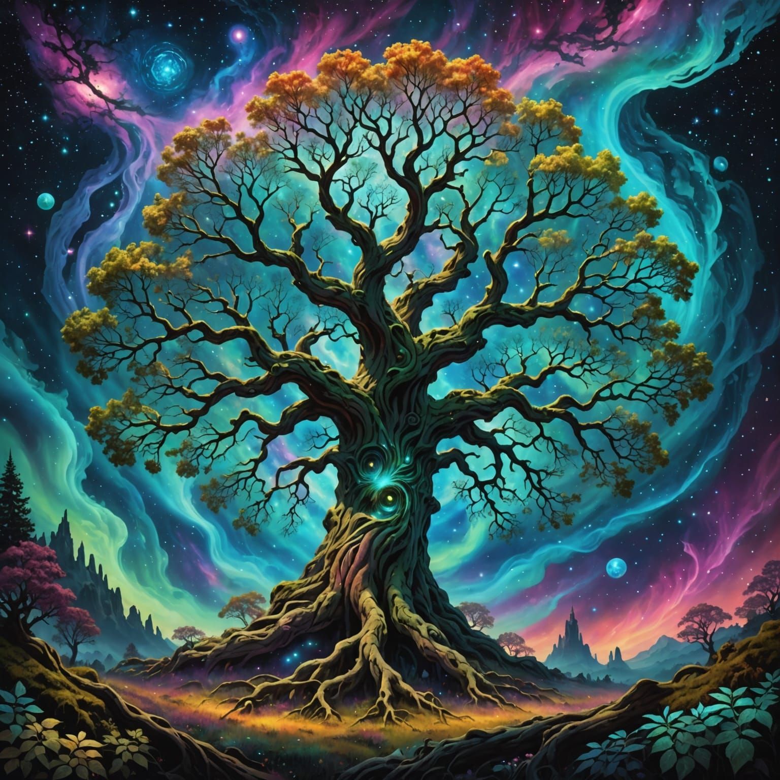 Nebula Rooted Tree with Bioluminescent Creatures