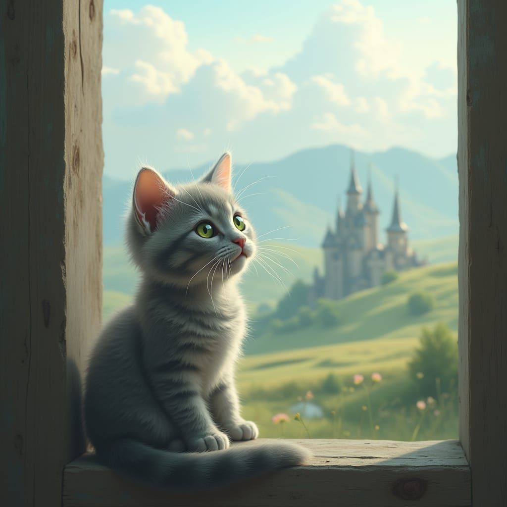 Whimsical Gray Kitten in a Dreamlike Landscape