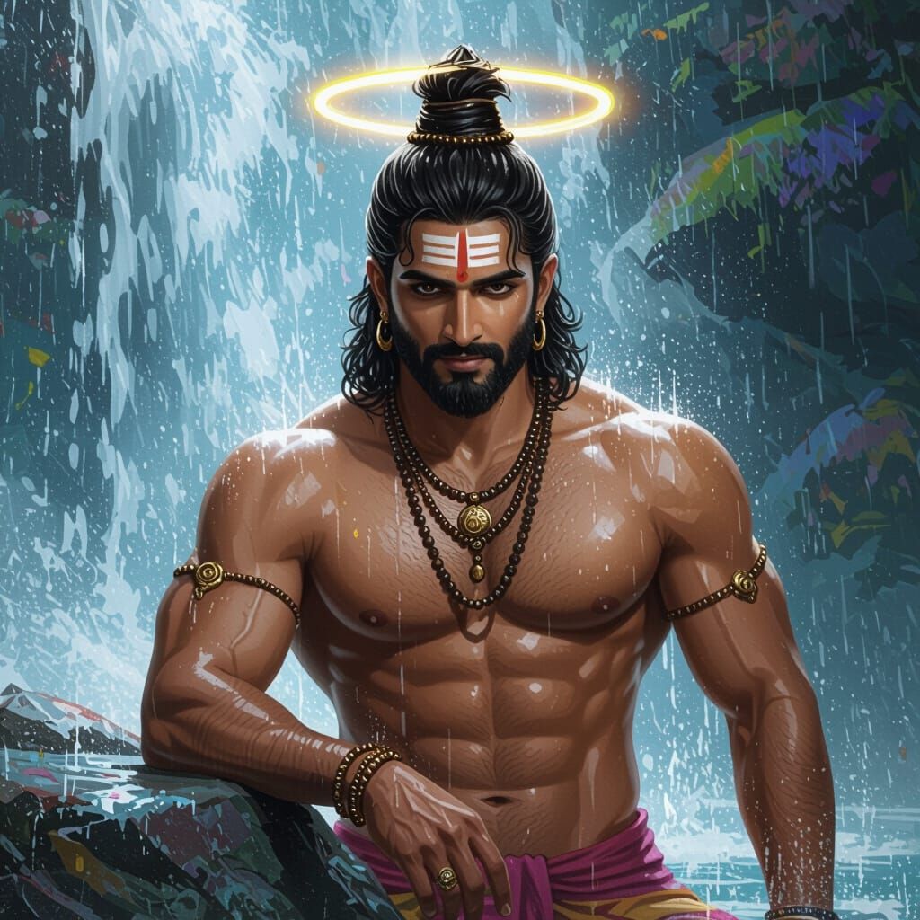 Muscular Hindu God Kartikeya Poses Sensually Under Waterfall