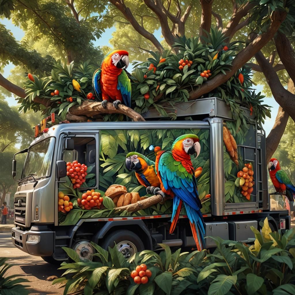 Truck with Parrot Image: Hyper-Realistic Digital Art