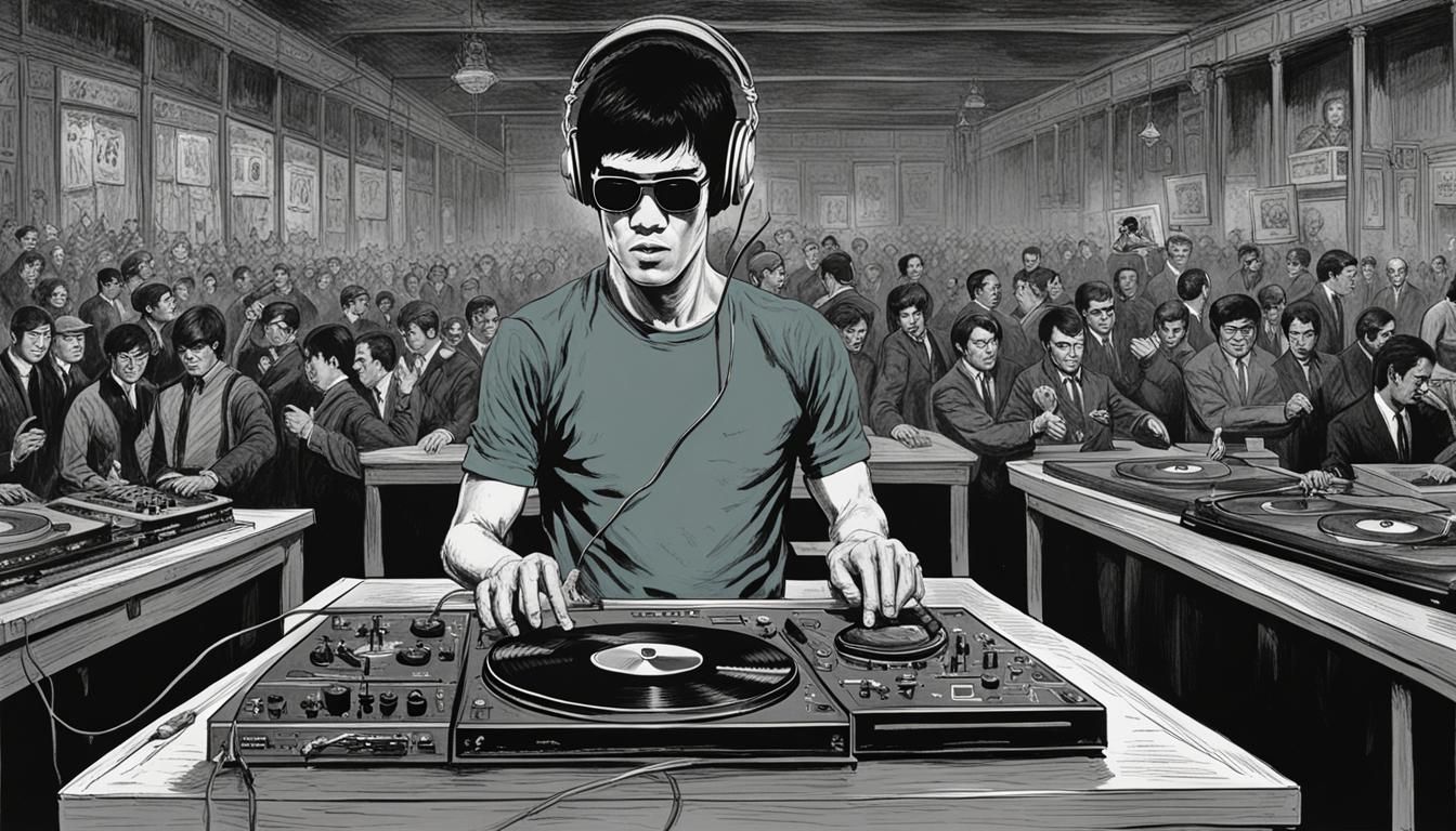 bruce lee with headphone