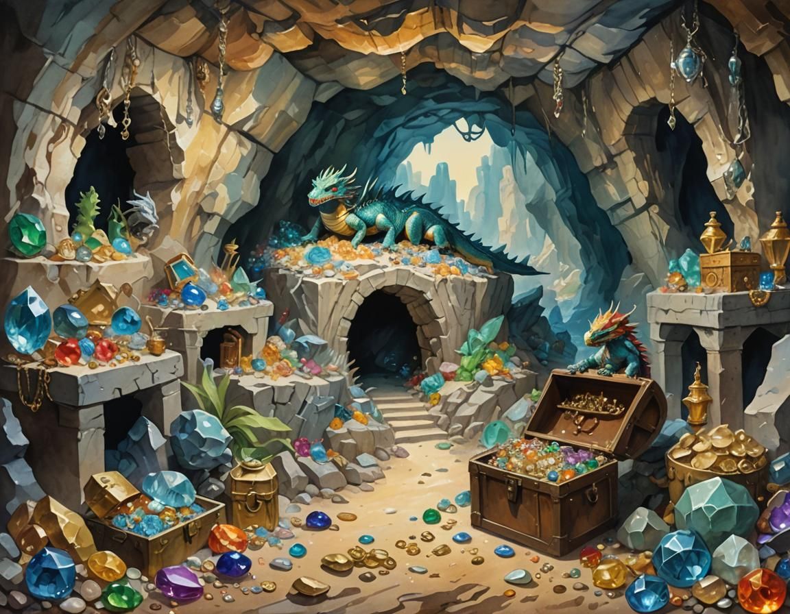 Dragon Guarding Treasure Cave in Gouache Style