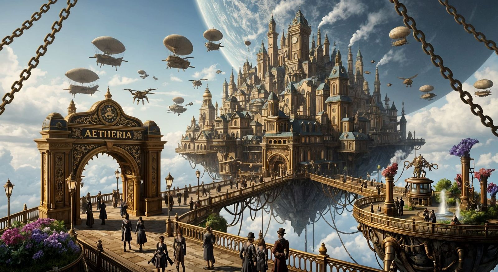 Floating Steampunk City Tethered to Mysterious Planet