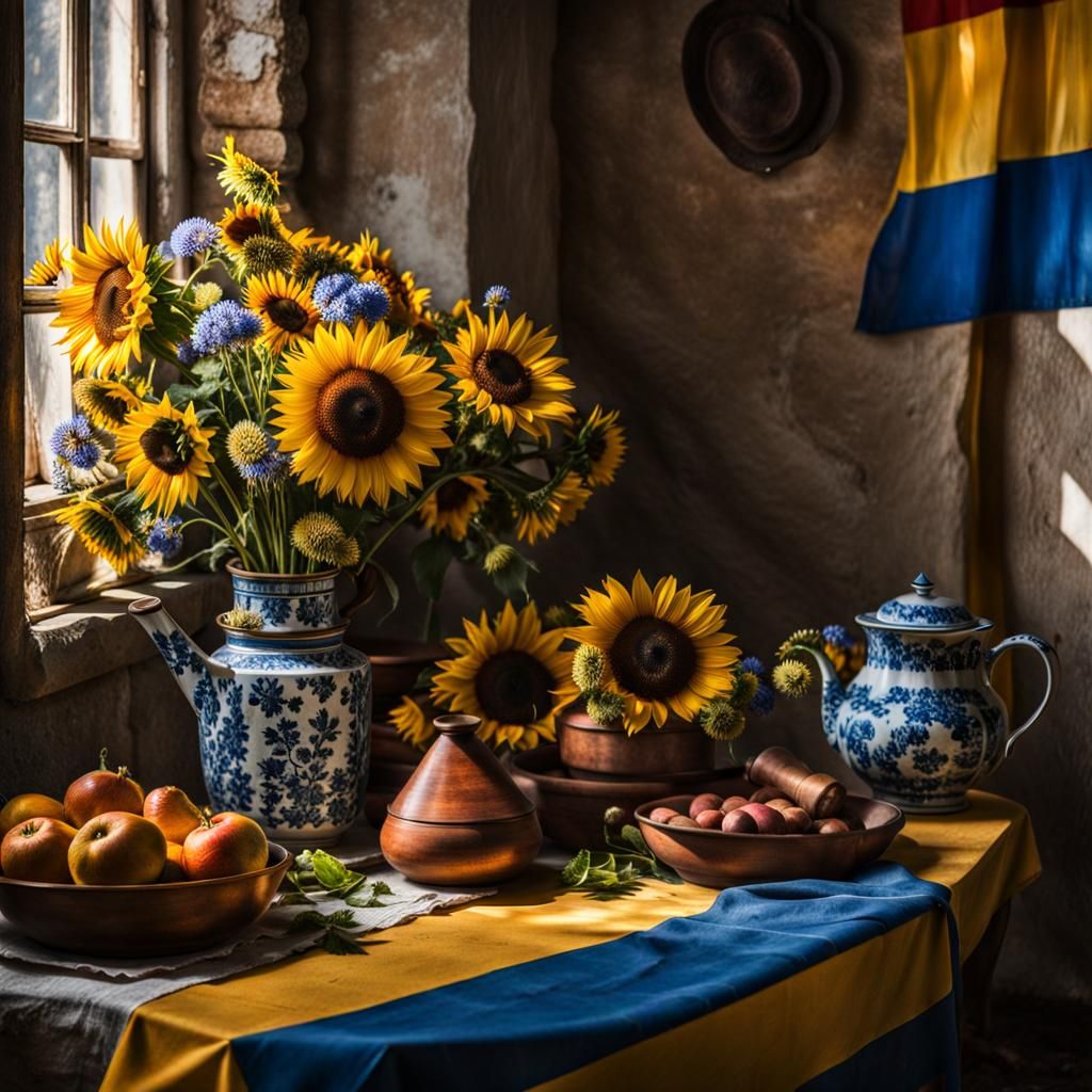 Ukrainian Flowers and Flag Still Life, Photorealistic Style